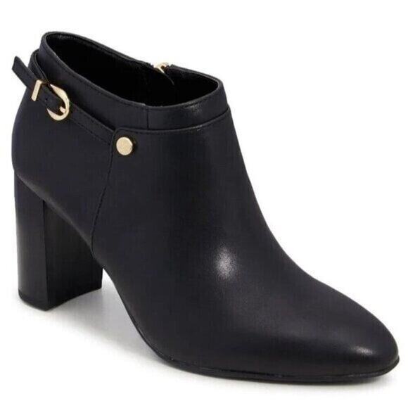 Vince Camuto Coorin Black Leather Ankle Boots 9.5 Gold Zip Block Heel Timeless - Picture 2 of 12